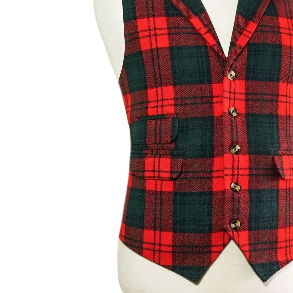 Mens 46R Red Green Tartan Plaid Wool Vest Waistcoat Formal Wedding Christmas